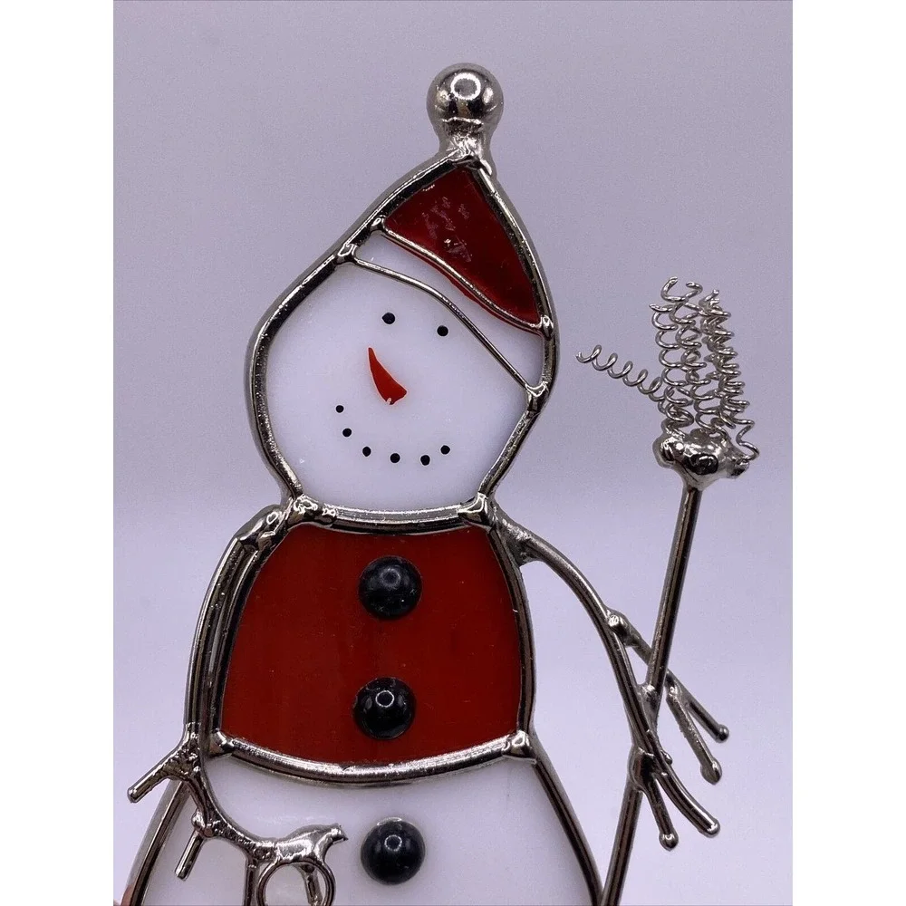 Decorative Stained Glass Snowman With Broom VOTIVE Tea Light CANDLE HOLDER - Picture 6 of 6
